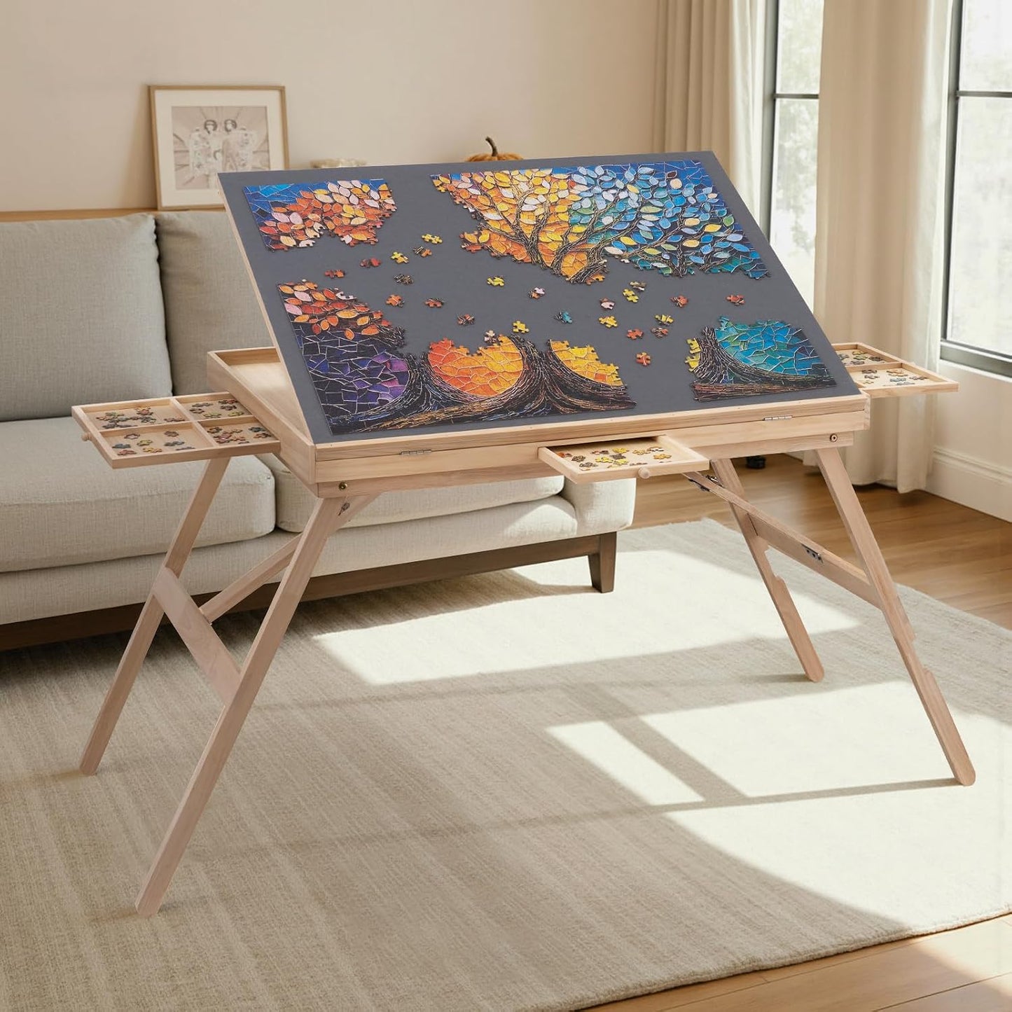 🧩 Cozy Puzzle Station Table ✨ Adjustable Wooden Jigsaw Puzzle Board With Storage Drawers & Protective Cover