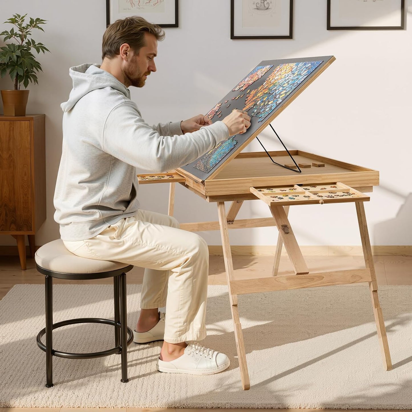 🧩 Cozy Puzzle Station Table ✨ Adjustable Wooden Jigsaw Puzzle Board With Storage Drawers & Protective Cover