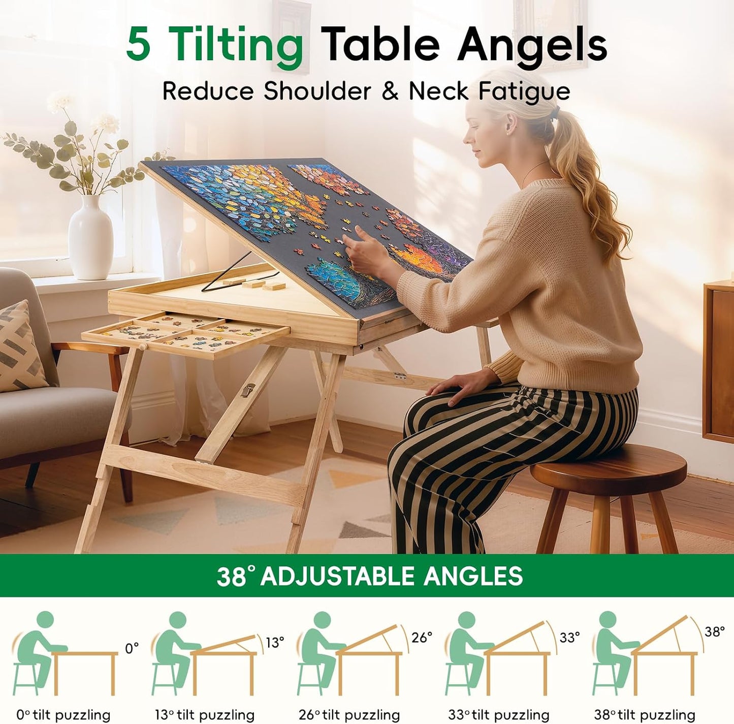 🧩 Cozy Puzzle Station Table ✨ Adjustable Wooden Jigsaw Puzzle Board With Storage Drawers & Protective Cover