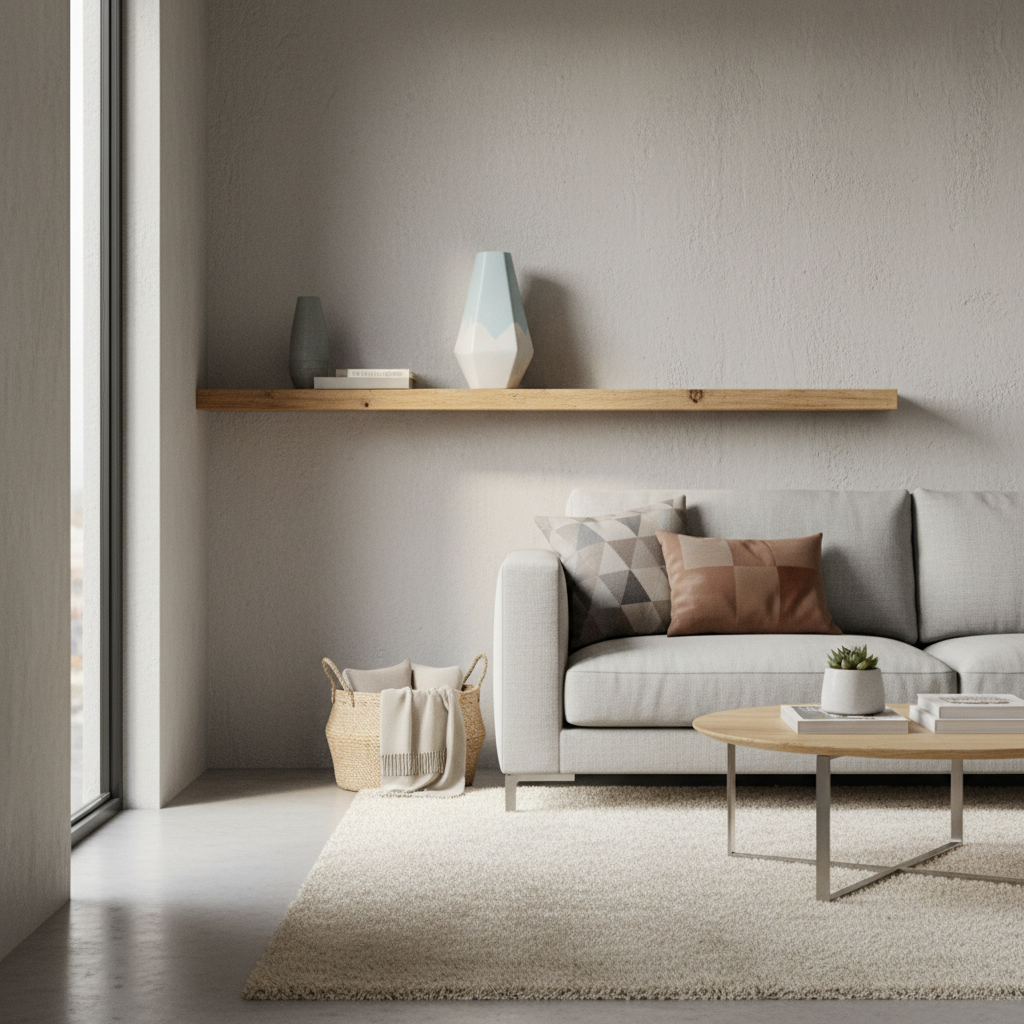 Ceramic geometric vase on wooden shelf in modern living room