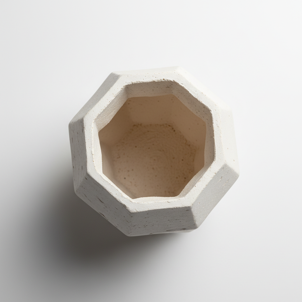 Top-down view of ceramic geometric vase showing opening and texture