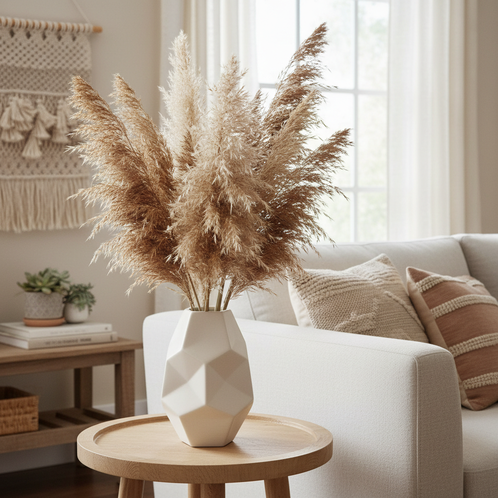 Ceramic geometric vase with dried pampas grass arrangement