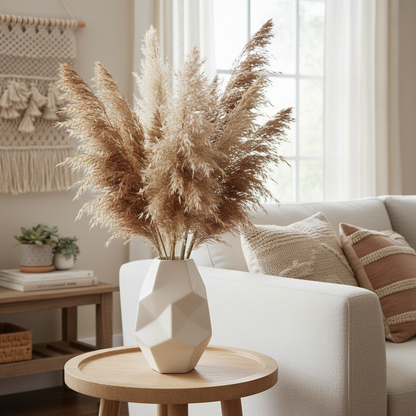 Ceramic geometric vase with dried pampas grass arrangement