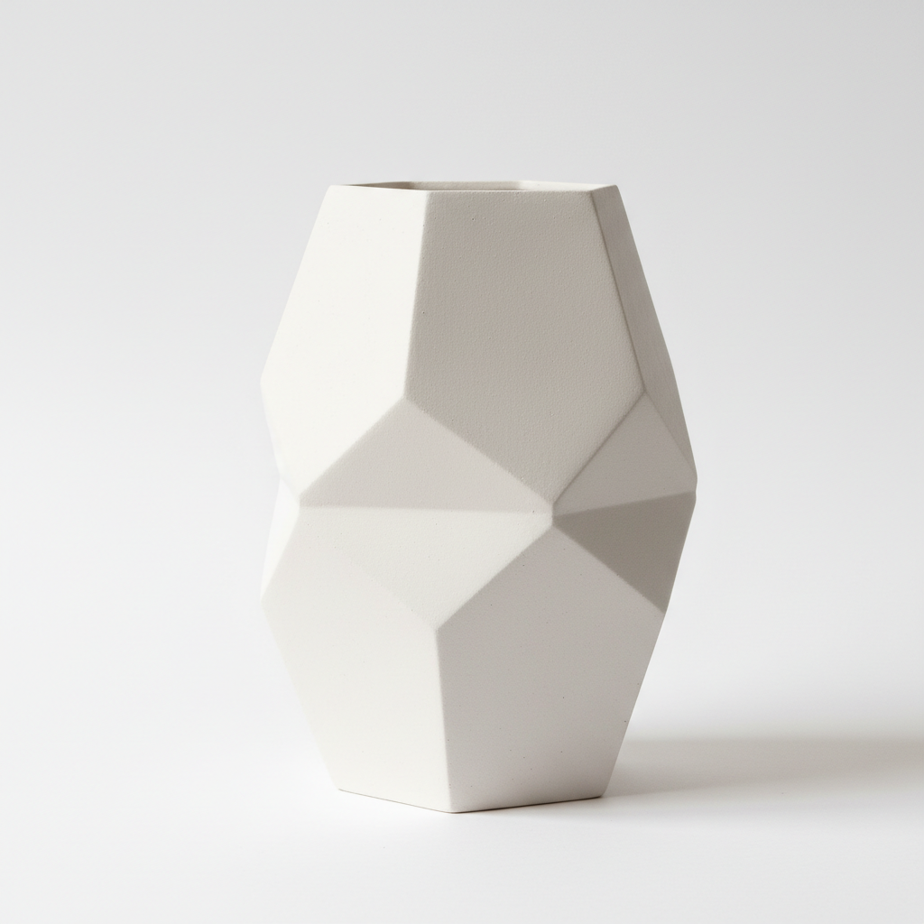 Handcrafted ceramic geometric vase, side angle view