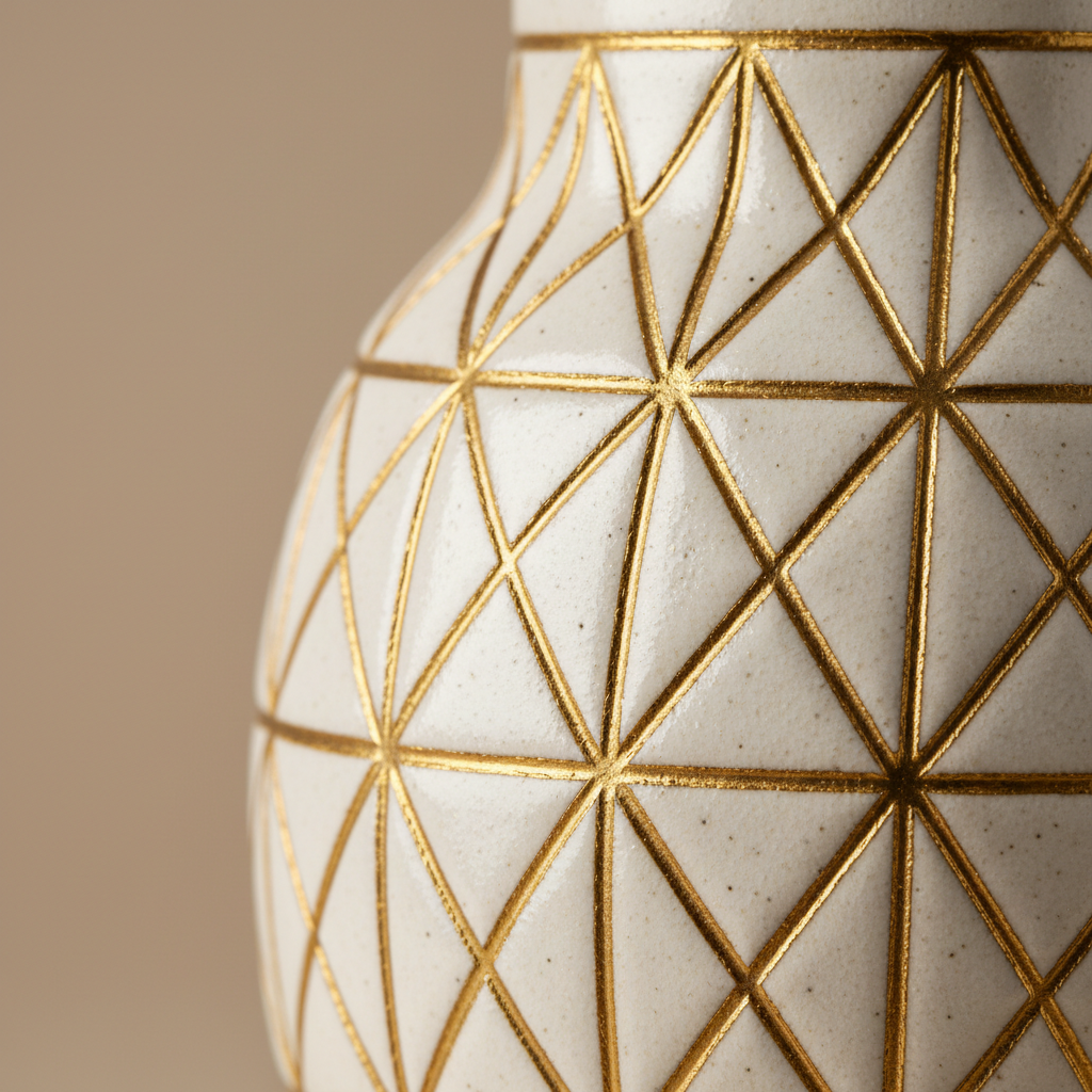 Close-up detail of geometric patterns on ceramic vase