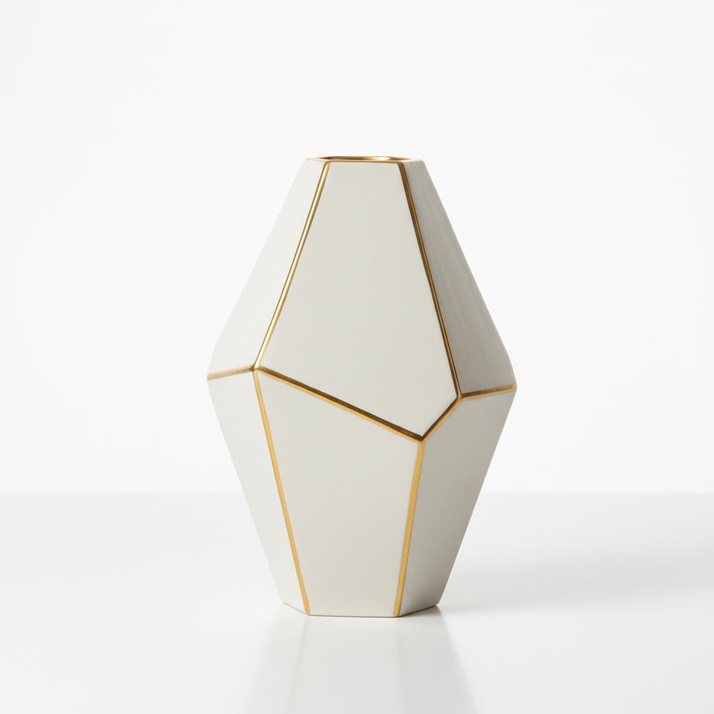 Handcrafted ceramic geometric vase, white and gold, studio product photo