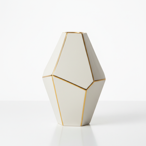 Handcrafted ceramic geometric vase, white and gold, studio product photo