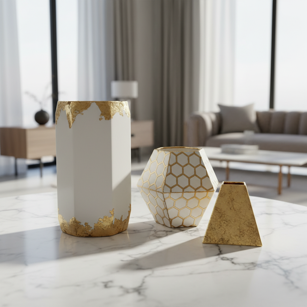 Group of three ceramic geometric vases in different sizes on marble surface